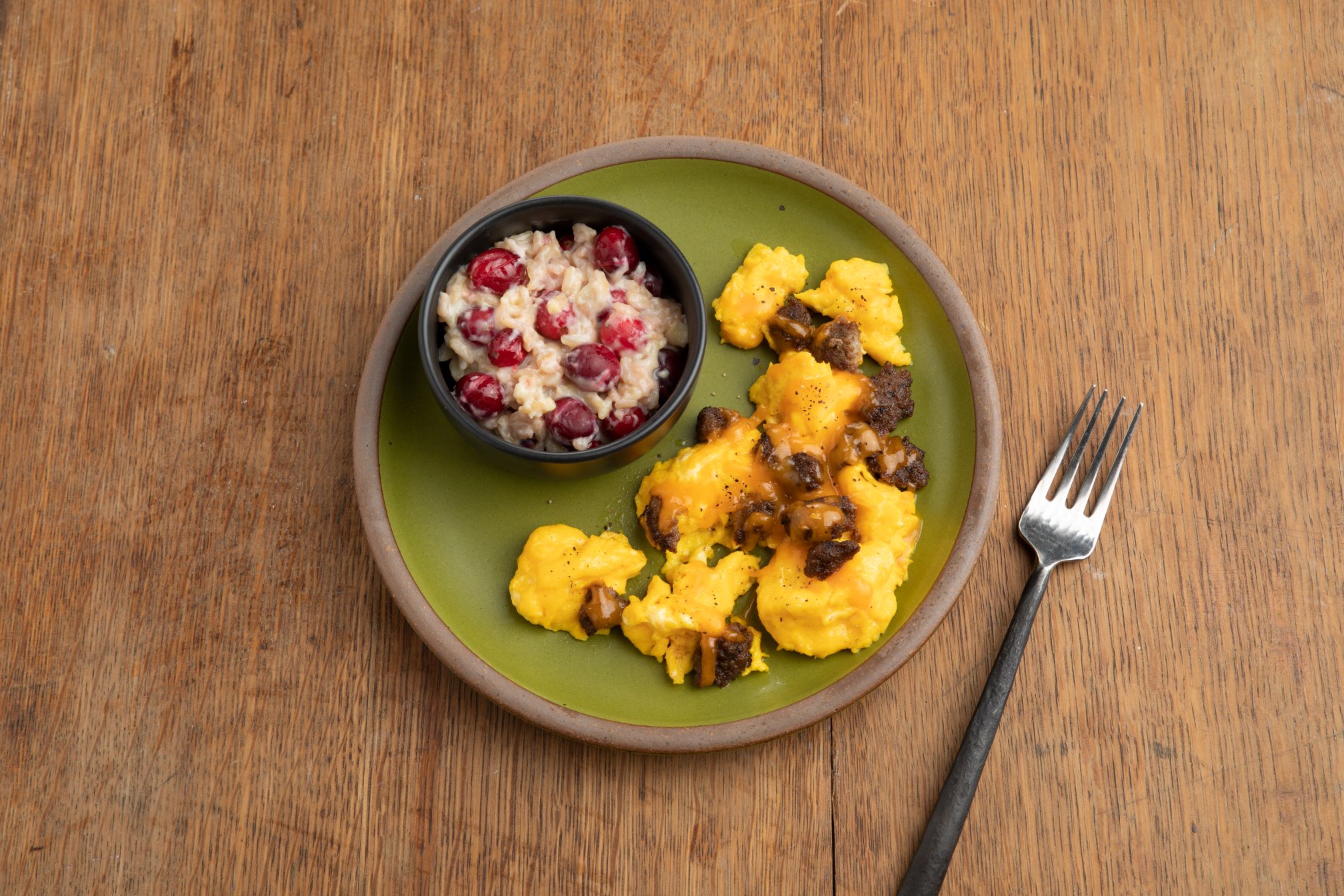 Cheesy Egg & Turkey Scramble and Rice Pudding